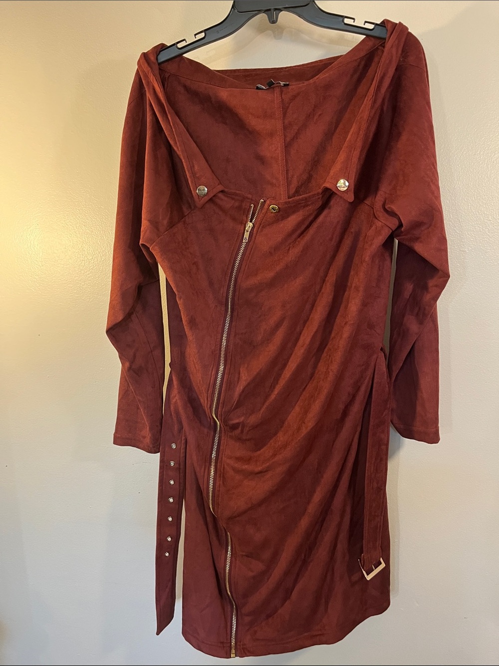 Fashion Nova Rust Red Faux Suede Asymmetrical Zip Trench